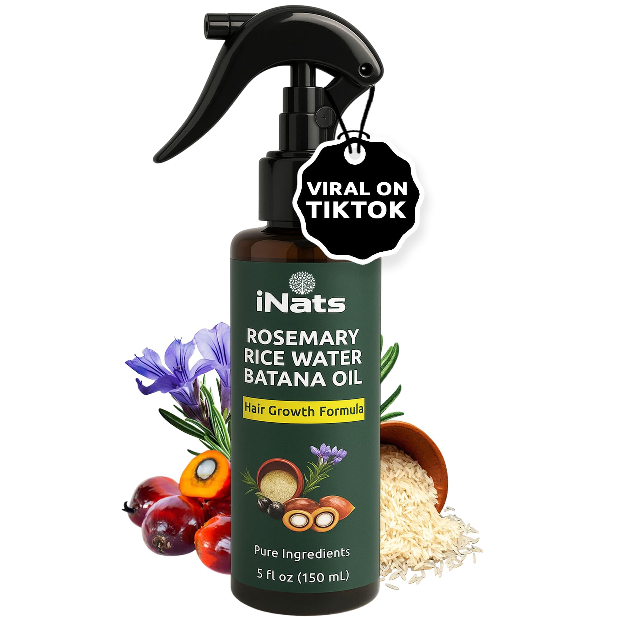 iNats Rosemary Water Spray for Hair Growth w/Rice Water, Biotin, Batana & Peppermint Oil – Non-Sticky Organic Hair Growth Spray to Control Hair fall &