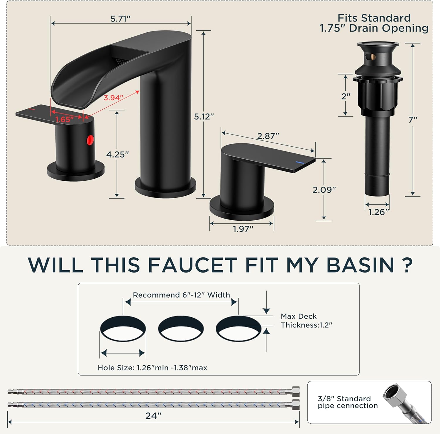 FORIOUS Bathroom Sink Faucet, Black Waterfall Bathroom Faucet Widespread 8 Inch 3 Hole with Pop-Up Drain and Water Supply, All-Metal Construction and Two Handle for Vanity, Lavatry, Farmhouse - Image 4