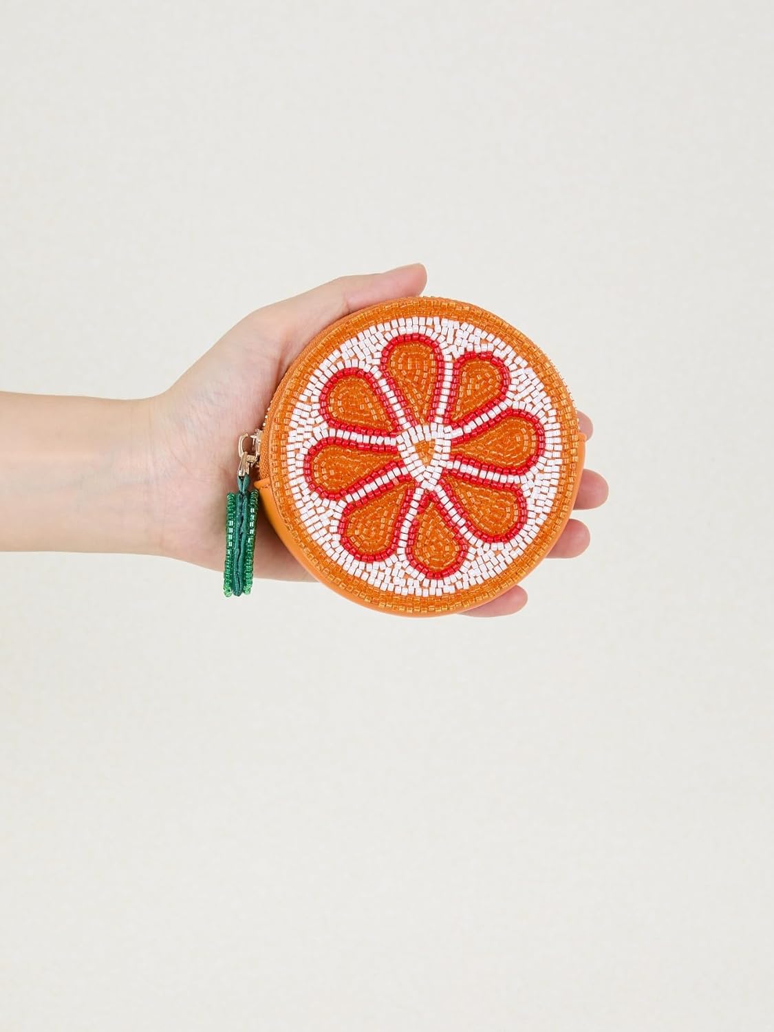 Handmade Beaded Round Coin Purse, Fruit Orange Floral Pattern, Small Money Wallet with Zipper Closure (lemon)