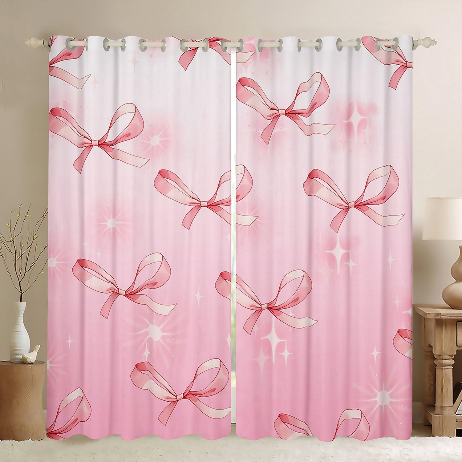 Manfei Pink Bowknots Windows Drapes Block 30%-50% Light,Glitter Starry Bow Dreamy Home Decor Curtains for Living Room,Princess Fairy Tale Theme Bow-tie Girly Window Drapes 38Wx54L Set of 2