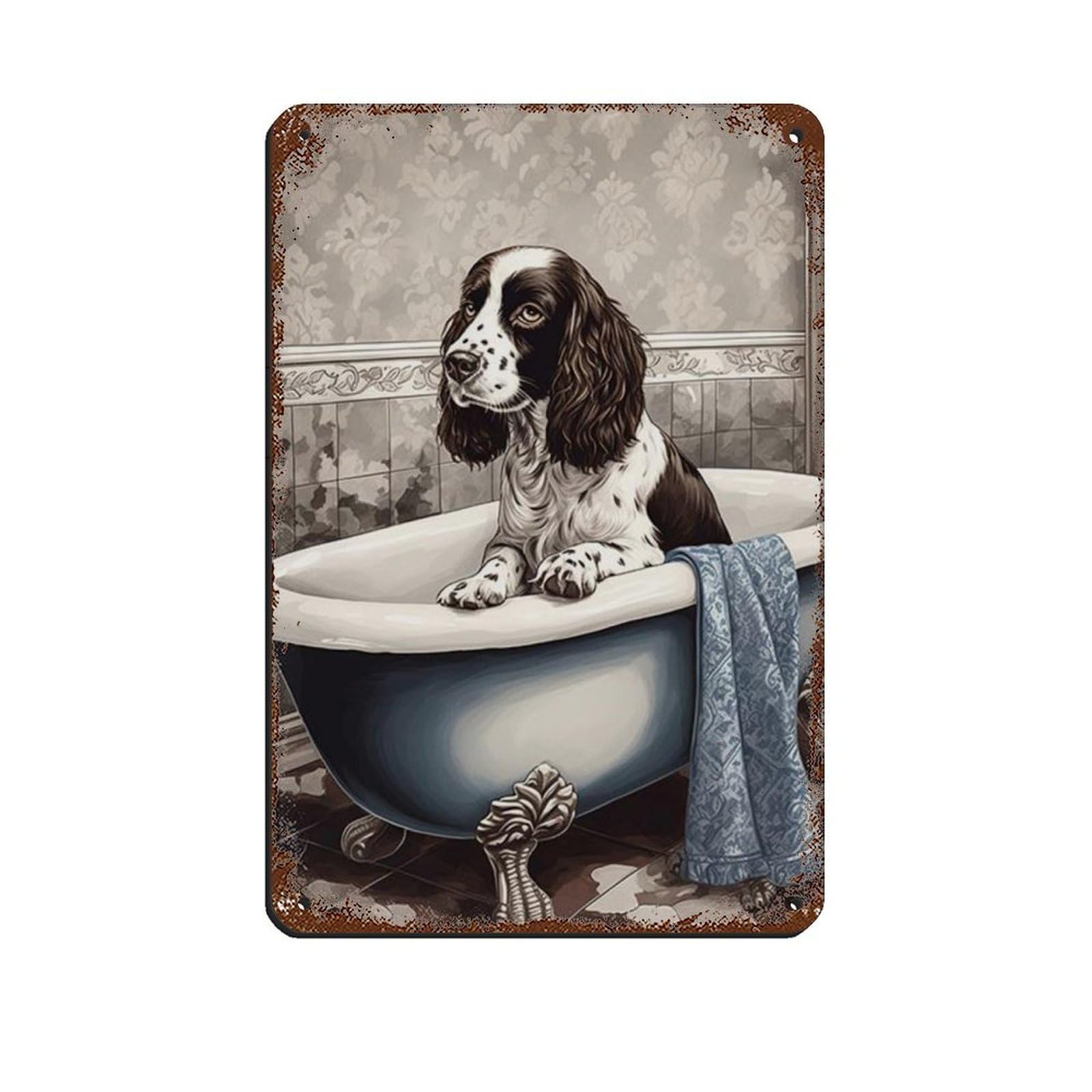 Springer Spaniel in Bath, Bathroom Art Tin Sign Vintage Metal Pub Club Cafe Bar Home Wall Art Decoration Poster Retro 8x12inch(20x30cm)