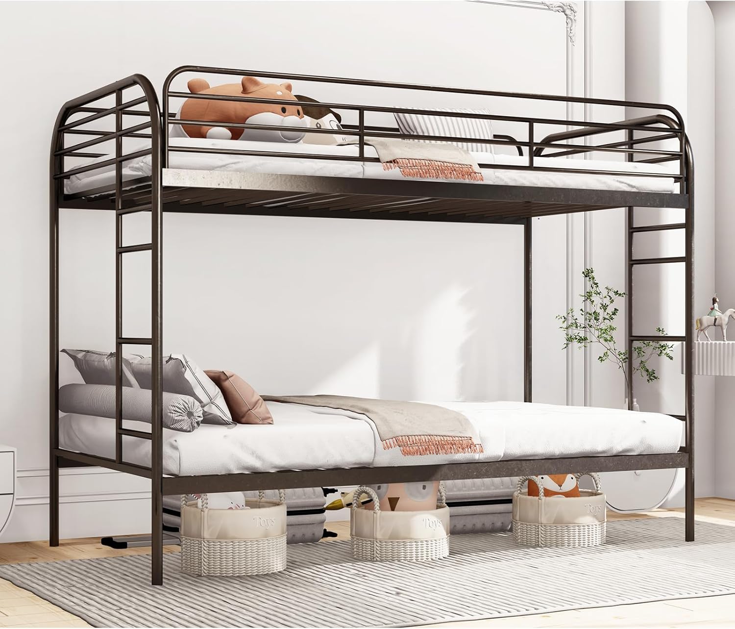 Colorful Double Bed Frame, Modern Style Twin Size Bunk Bed with Safe Guardrail, Each 400lbs Load-Bearing, Space-Saving Design for Adults, Kids and Teens, Easy-to-Install - Blue