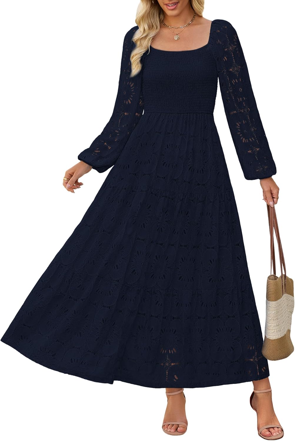 Women's Fall Long Puff Sleeve Maxi Dress Smocked Square Neck Lace Hollow Out Eyelet A Line Boho Flowy Wedding Guest Dresses