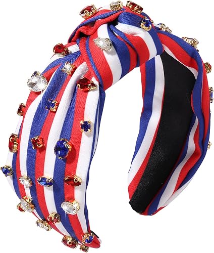 MOLOCH American Flag Headband 4th of July Headband Red White Blue USA Stripe Knotted Headband for Women Rhinestone Crystal Patriotic Hairband Party Hair Accessory