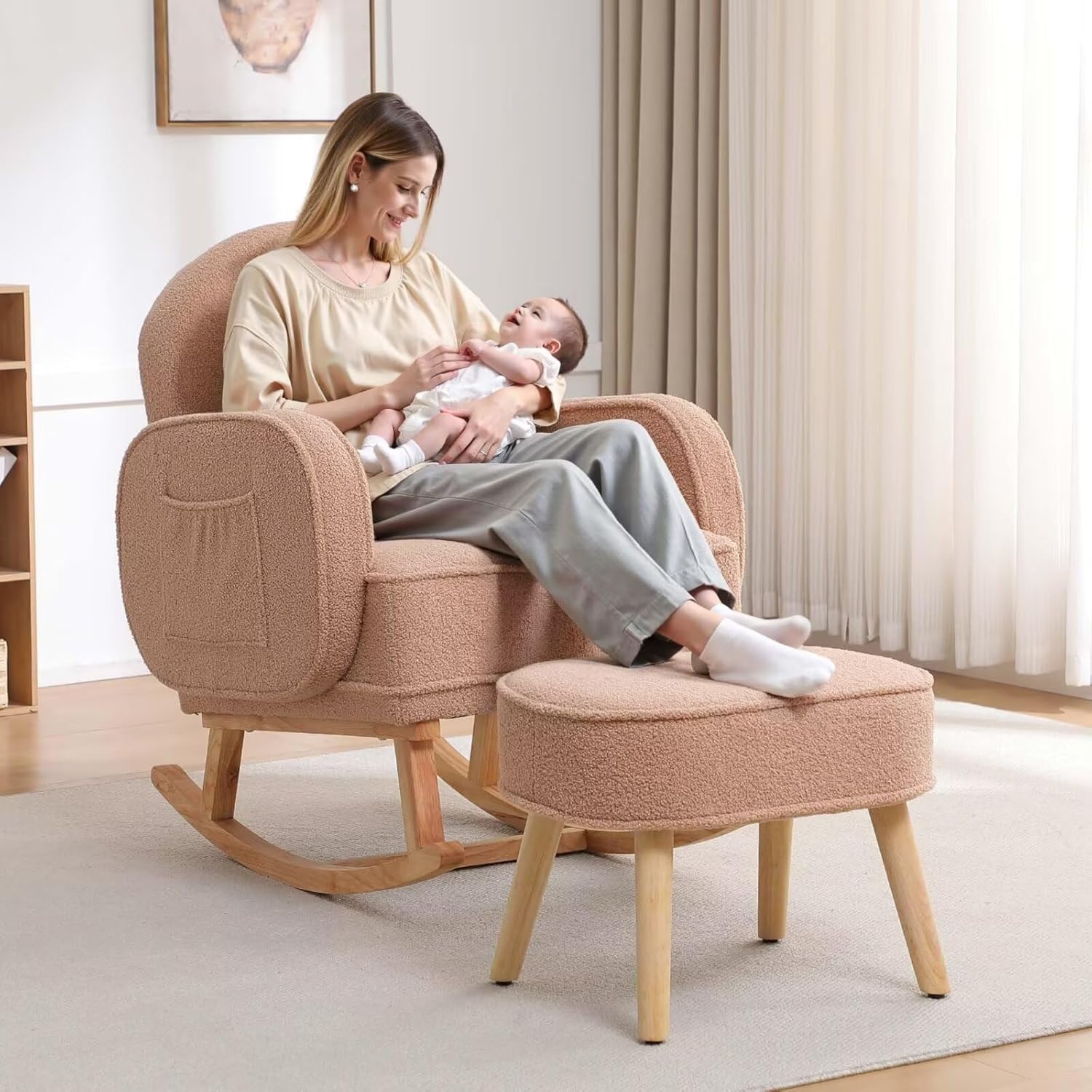 Rocking Chair Nursery with Ottoman, Upholstered Glider Rocker with High Backrest and Side Pocket, Rocking Accent Armchair with Solid Wood Legs for Nursery, Living Room, Bedroom Coffee