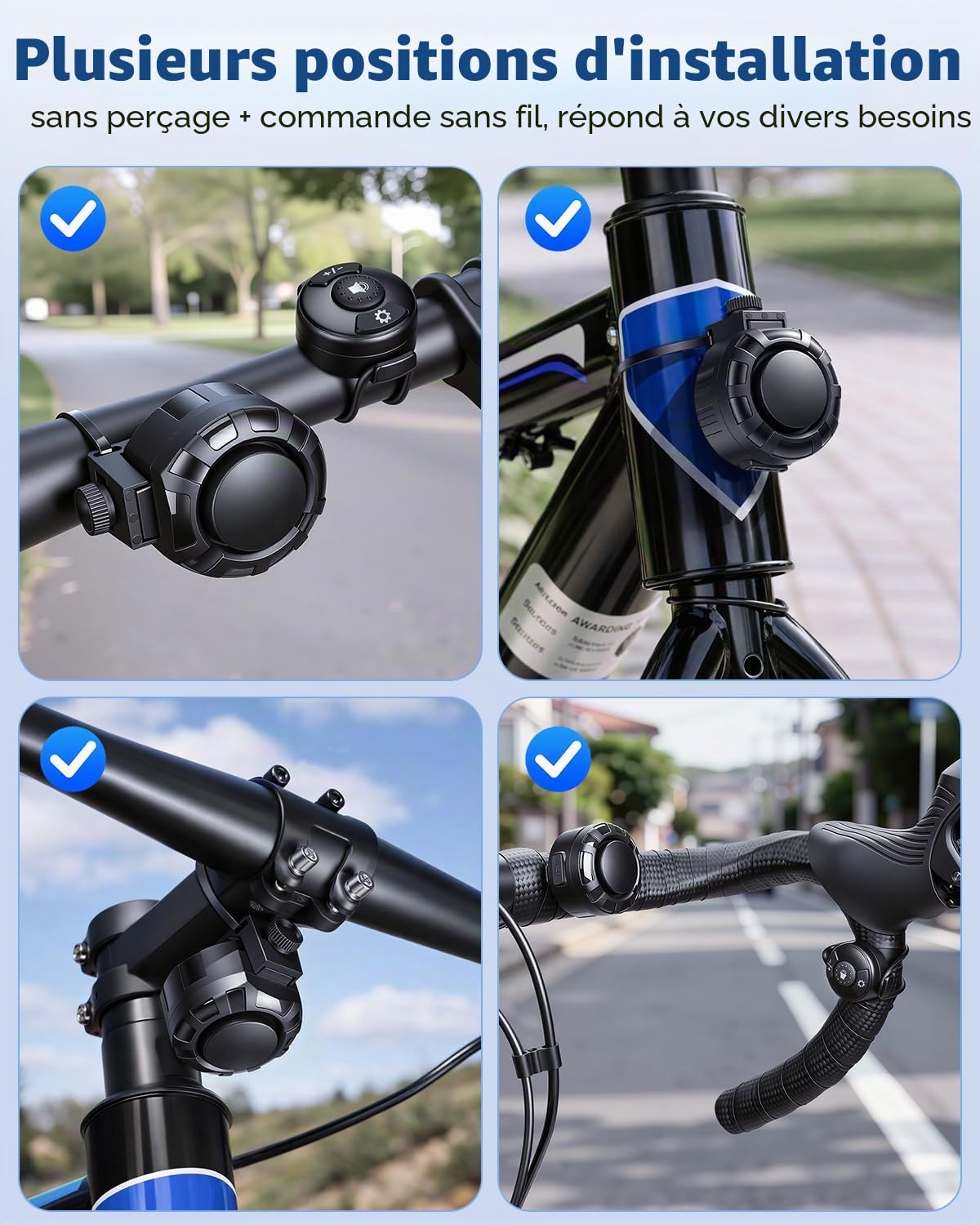 Klaxon de vélo – Télécommande sans fil, klaxon de vélo électrique puissant de 120 dB, sonnette de vélo pour 6 modes sonores, étanchéité IPX5, chargement de type C, klaxons de vélo pour adultes