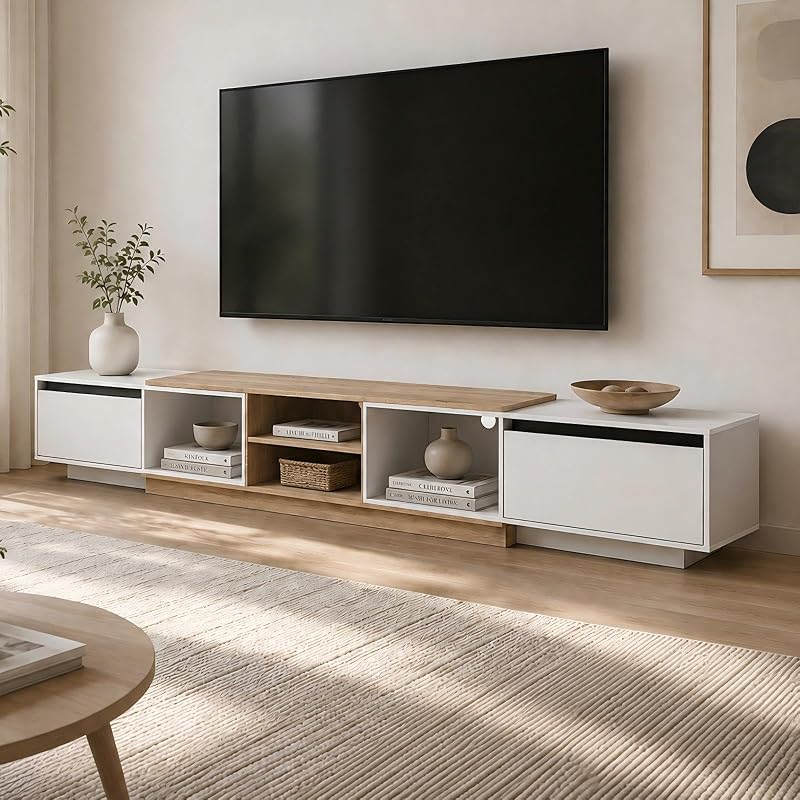 ECACAD Extendable TV Stand with 2 Drawers, 101.3"-129.9" W, Oak & White