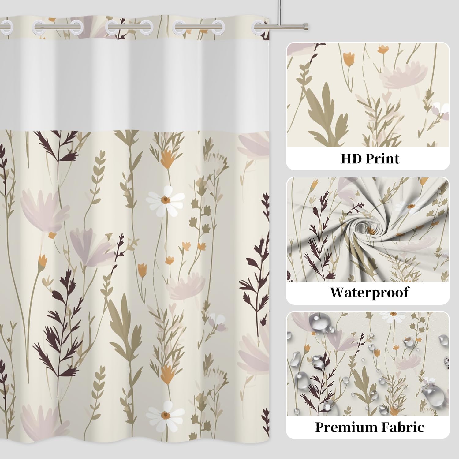 No Hook Neutral Floral Shower Curtain with Snap in Liner Set, Wildflower Botanical Shower Curtain with Mesh Top Window, Beige Boho Farmhouse Waterproof Fabric Bath Decor 71x74 Inch