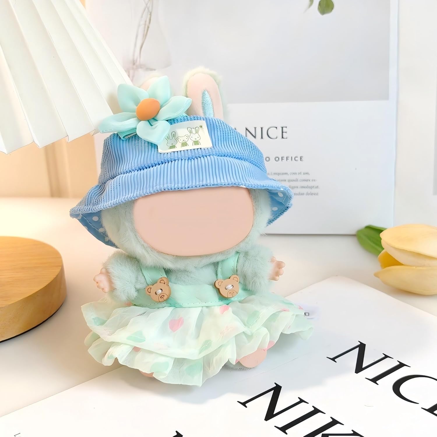 Clothes for 17cm Doll, Skirt Set for Dolls, Hat Skirt Outfit Premium Fashion Cute Dress for 17cm Dolls Accessories (NO Doll) (A1 Green Heart Dress+Flower Ornaments+ Rabbit Cap)
