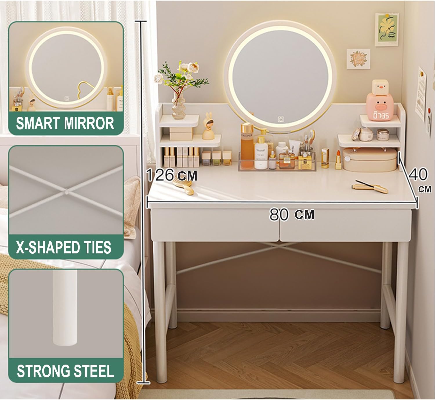 NKX Makeup Vanity Table Dressing Table Flip Mirror With Drawers