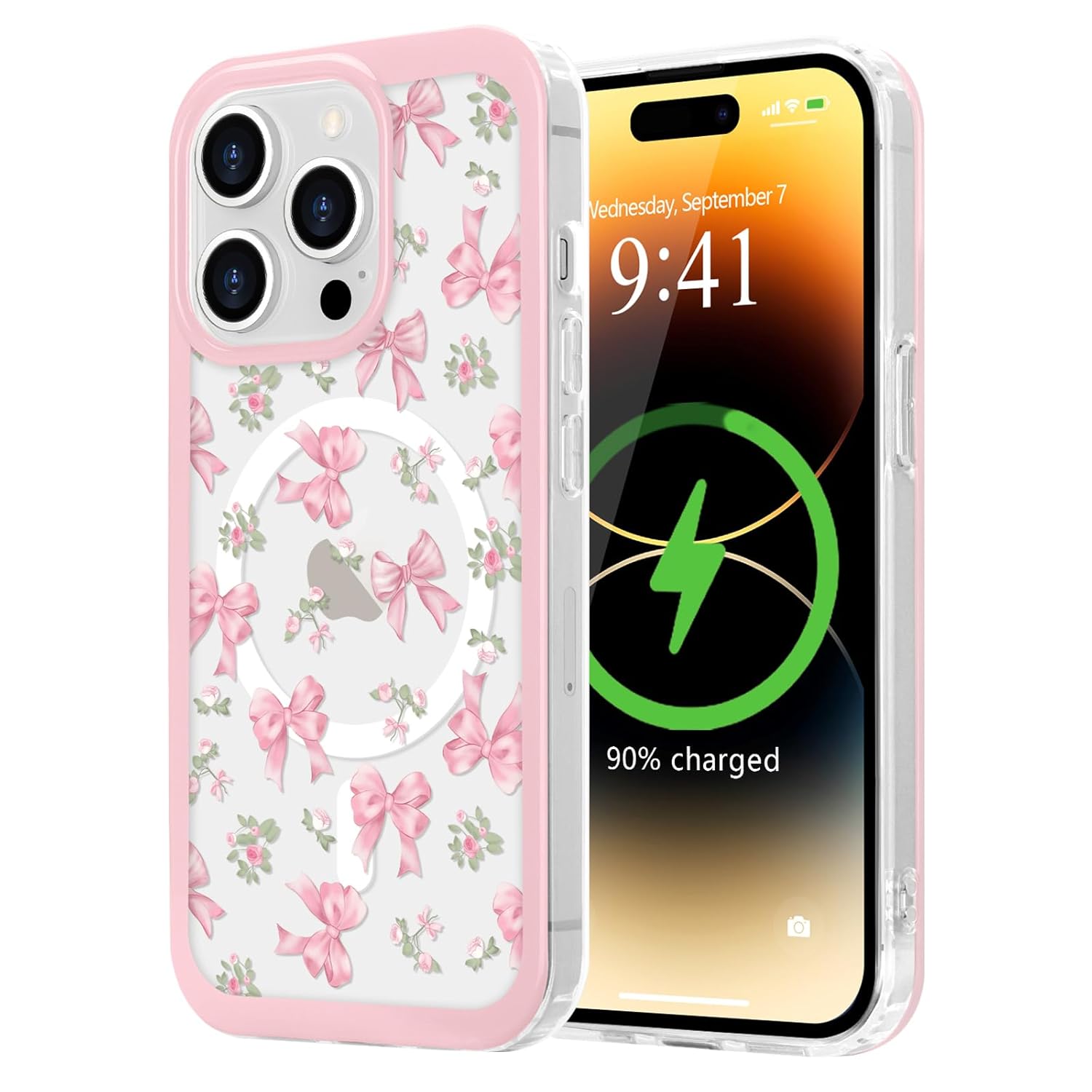 LCHULLE Magnetic for iPhone 14 Pro Case Cute Pink Bows Compatible with Magsafe Clear Ribbon Bowknot Pattern for
