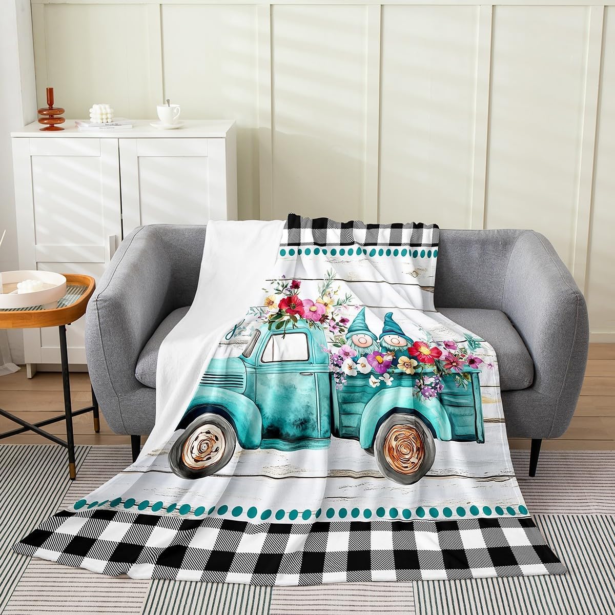 Truck Floral Throw Blanket Queen Size,Turquoise Cars Flowers Flannel Blanket,Spring Gnome Couple Fleece Blanket for Sofa,Black White Buffalo Plaid Rustic Wooden Board Sherpa Blanket,Soft Lightweight