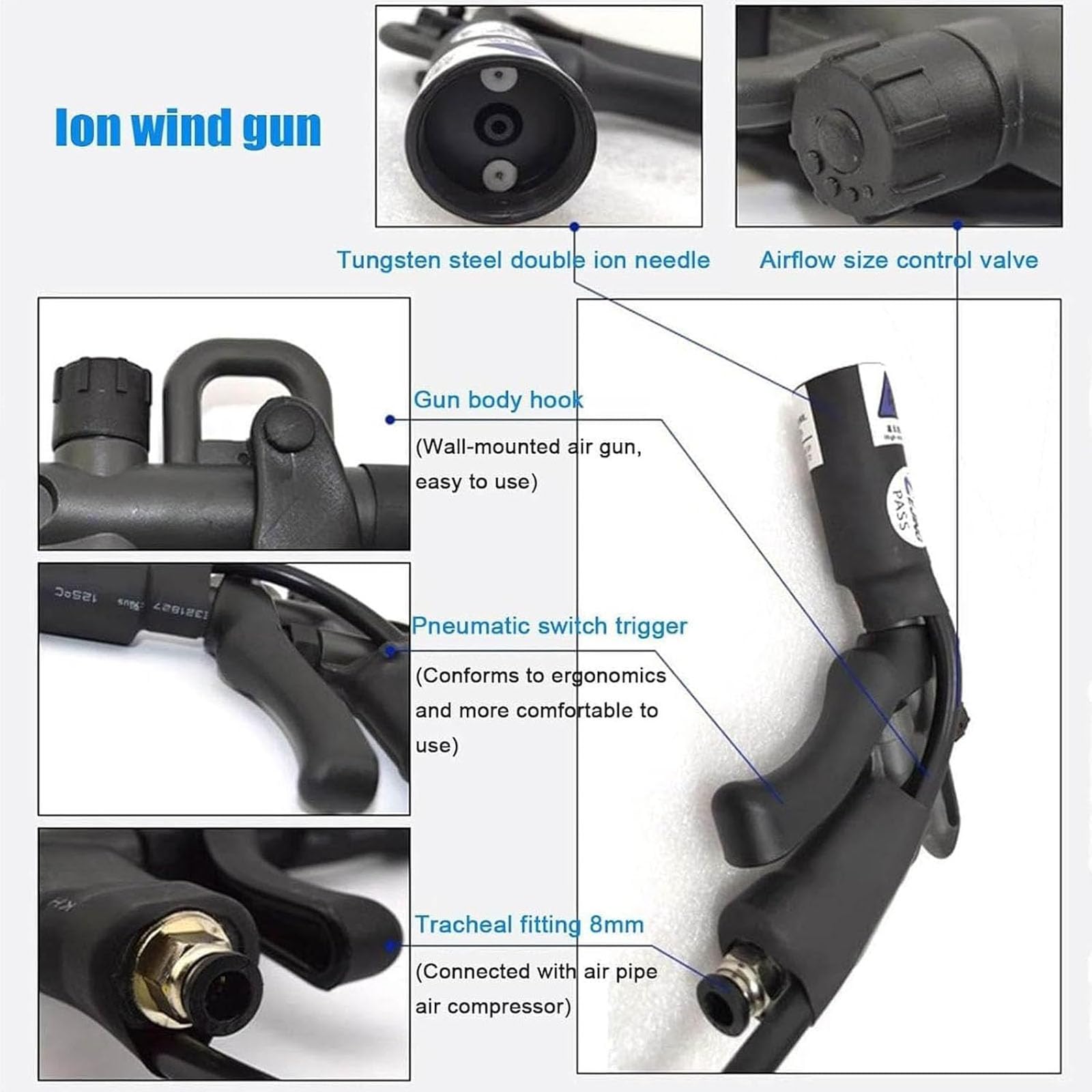 Jonizujący pistolet na sprężone powietrze, antystatyczny pistolet pneumatyczny z generatorem wysokiego napięcia 4,6 kV, regulowane ciśnienie powietrza, balans jonowy ± 35 V, do naprawy elektroniki