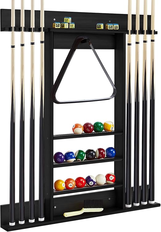 GYMAX Pool Cue Rack, 8 Cue WallMounted Pool Stick Holder with 15 Billiard Balls Holders and 1