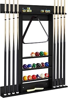 GYMAX Pool Cue Rack, 8 Cue Wall-Mounted Pool Stick Holder with 15 Billiard Balls Holders and 1 Triangle Rack, Solid Pine Wood Billiards Rack Only for Billiard Room or Club (Black)