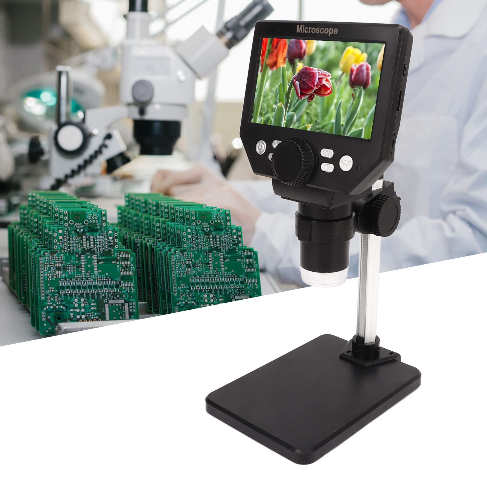 Haofy Microscopio Digital Electrónico 1000X con Soporte de Elevación, Resolución de Vídeo 1080P, para Material Educativo Científico Infantil