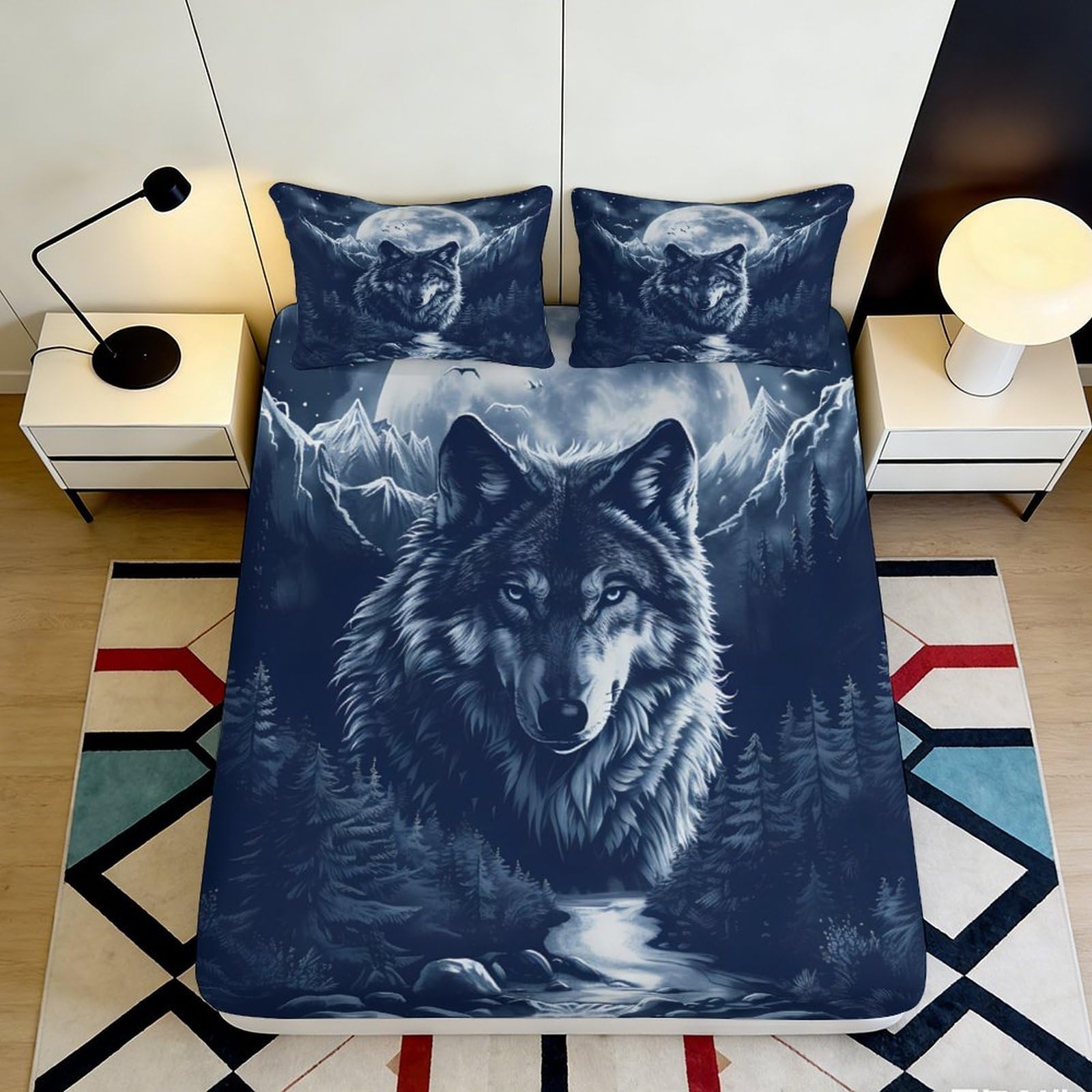 3D Printed Wolf Moon Fitted Sheet Microfiber Soft Breathable Forest River Mattress Cover Bedroom Decor 120x200cm 160x200x25cm