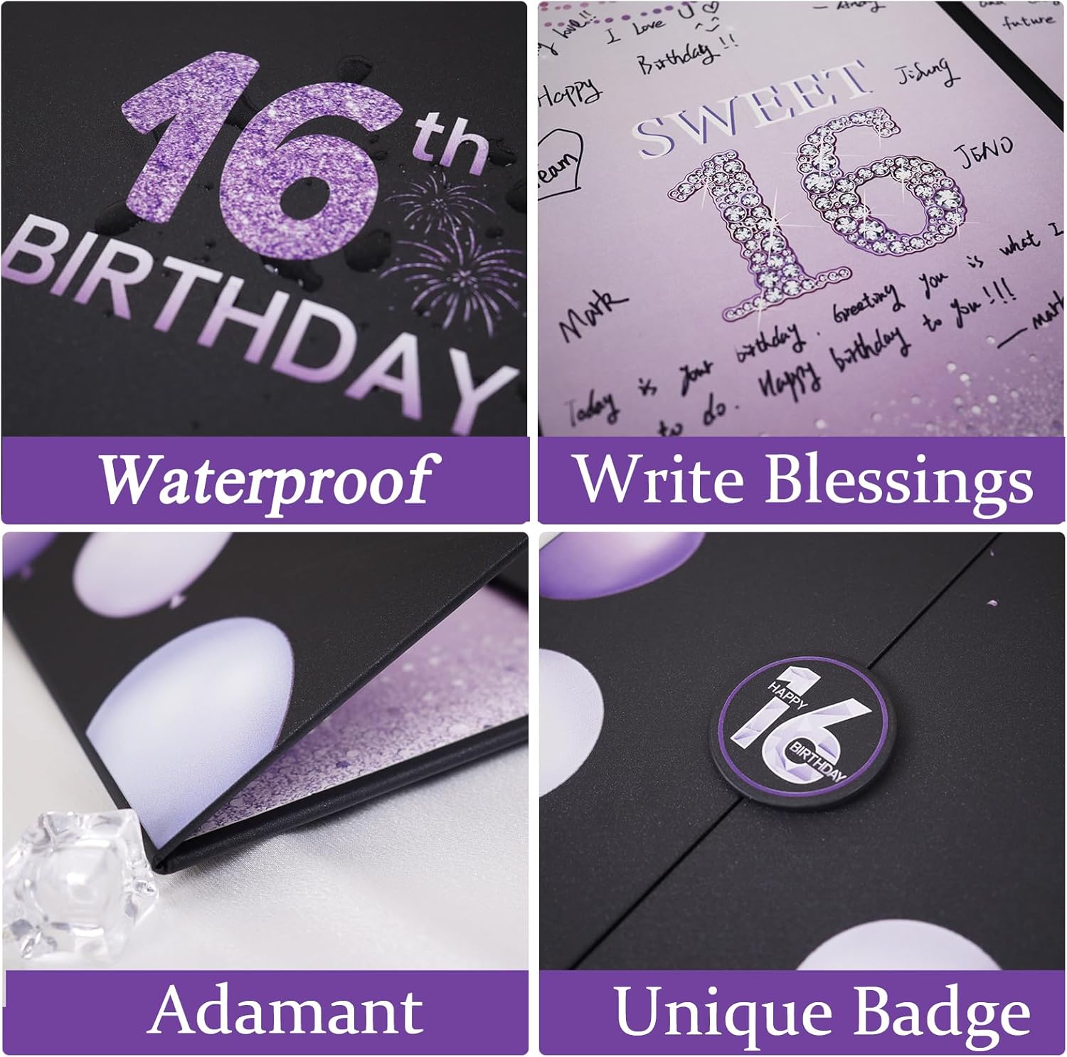 Roetyce Sweet 16 Party Decorations, Purple Sweet 16 Guest Book, 16th Birthday Decorations for Girls, Sweet 16 Birthday Gifts, Jumbo 16th Birthday Card Signature Board, 16 Years Old Bday Party Supplies - Image 3