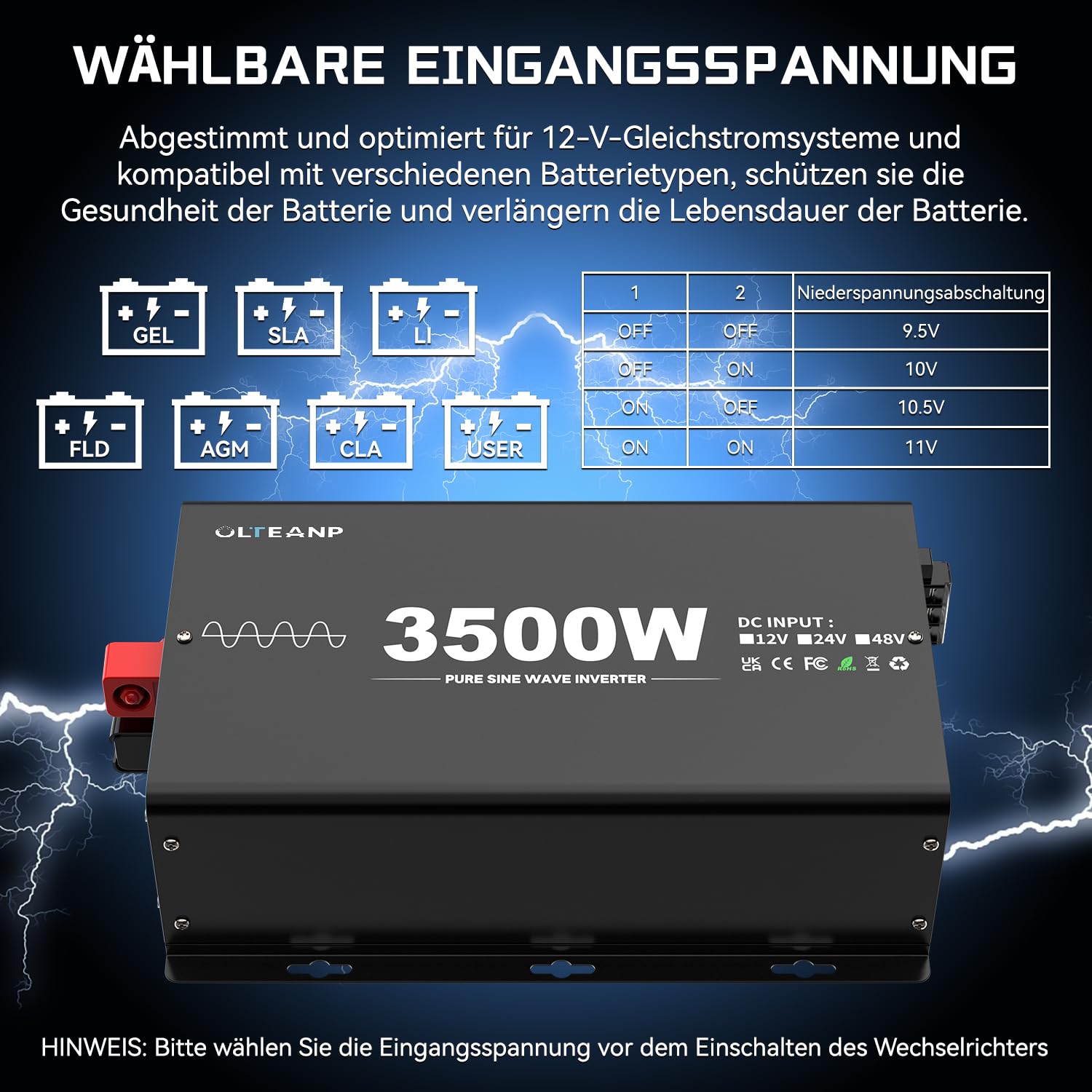 OLTEANP 3500W/7000W Wechselrichter 12V auf 230V Reiner Sinus Spannungswandler Power Inverter mit 2 AC Steckdosen,Type-C&USB Anschlüsse,LCD-Bildschirm-Fernbedienung,Für Wohnmobil Wohnwagen