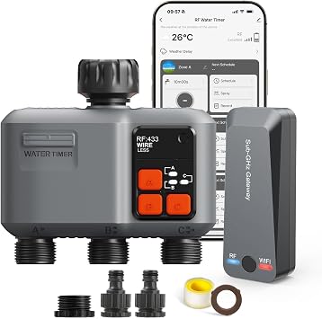 johgee Smart WiFi Water Timer 3 zone for Irrigation with 984 Feet RF Gateway, 3 Outlet Remote Control Sprinkler Hose Timer for Garden Hose, Rain Delay,WiFi Irrigation Sprinkler Controller for Garden
