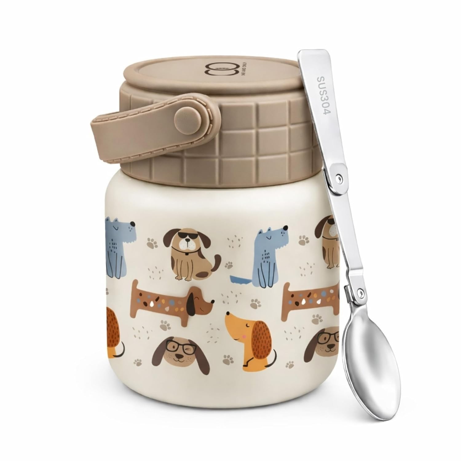 ONE AND ONLY Kids Stainless Steel Lunch Box with Foldable Spoon Brown 450 ML Food Jar with Leak-Resistant Lid for School/T...