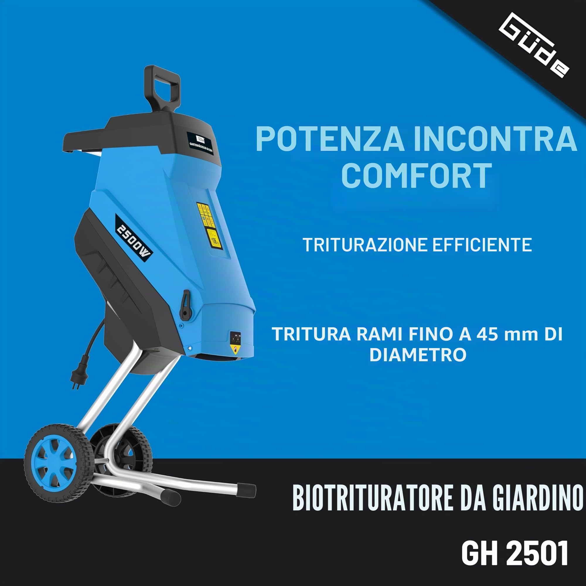 Güde Trituratore da giardino GH 2501 (2500 W, tecnologia a coltello, bassa manutenzione, autoalimentatore, ruote di trasporto, fusibile di sovraccarico, spessore massimo 45 mm, con sacco di raccolta