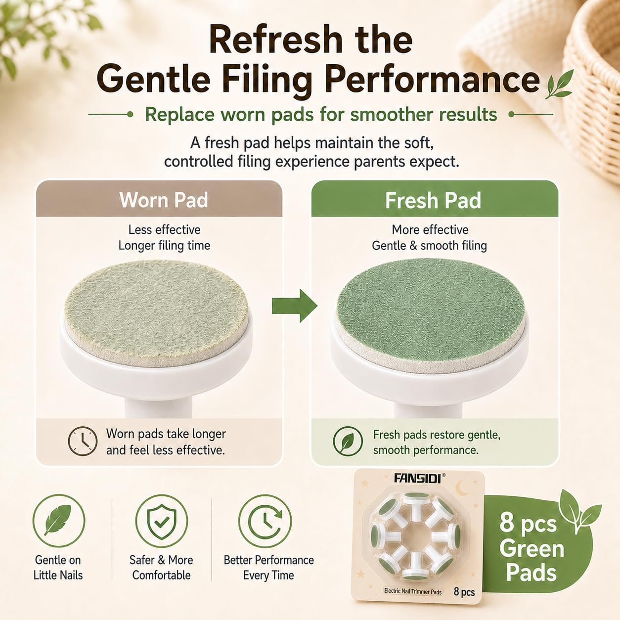 Fansidi Official Color-Matched Replacement Pads for Baby Nail Trimmer, Blister-Packed 8-Pack, 12+ Months & Toddlers, Forest Green, Compatible with Fansidi & Most Standard Electric Baby Nail Files