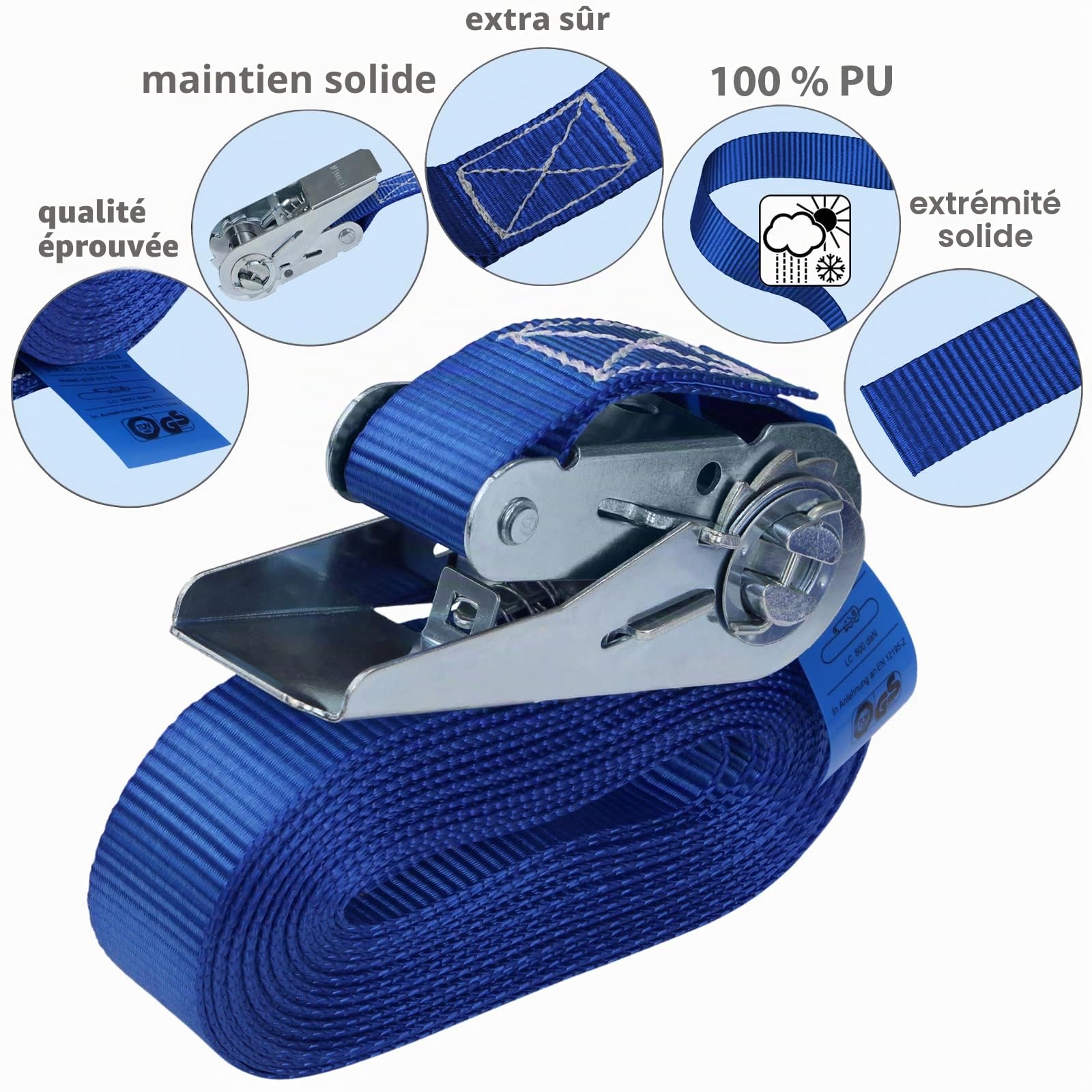 Sangle à cliquet d'arrimage 4 pièces Sangle de Fixation 4 m ou 6 m Bleu, Largeur 25 mm - Charge maximale 800 kg DIN en 12195-2, 4 pièces 2.5 cm x 6 m