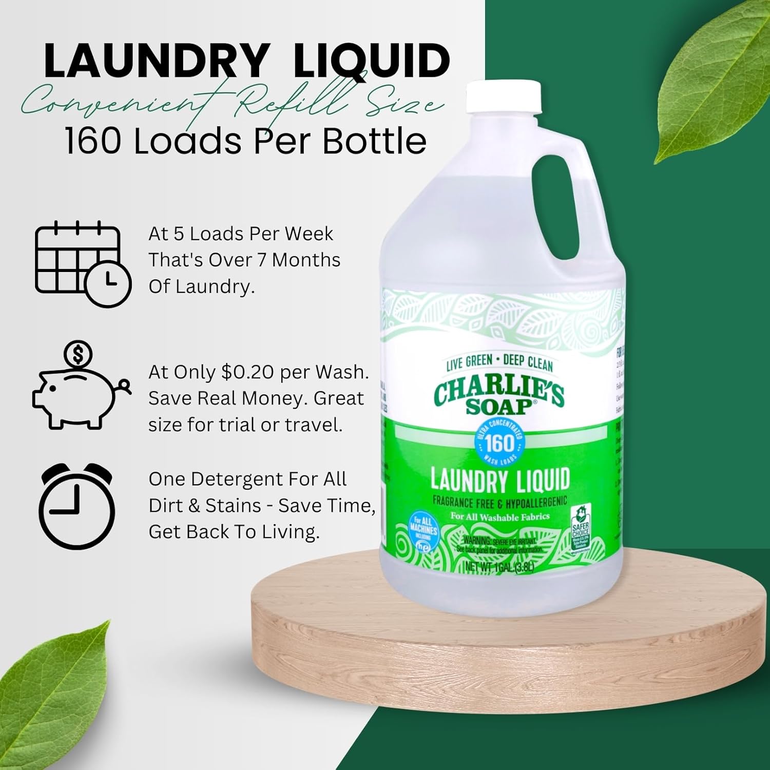 Charlie’s Soap – Fragrance-Free Laundry Liquid detergent – 160 Loads (128 oz, 1 Pack)