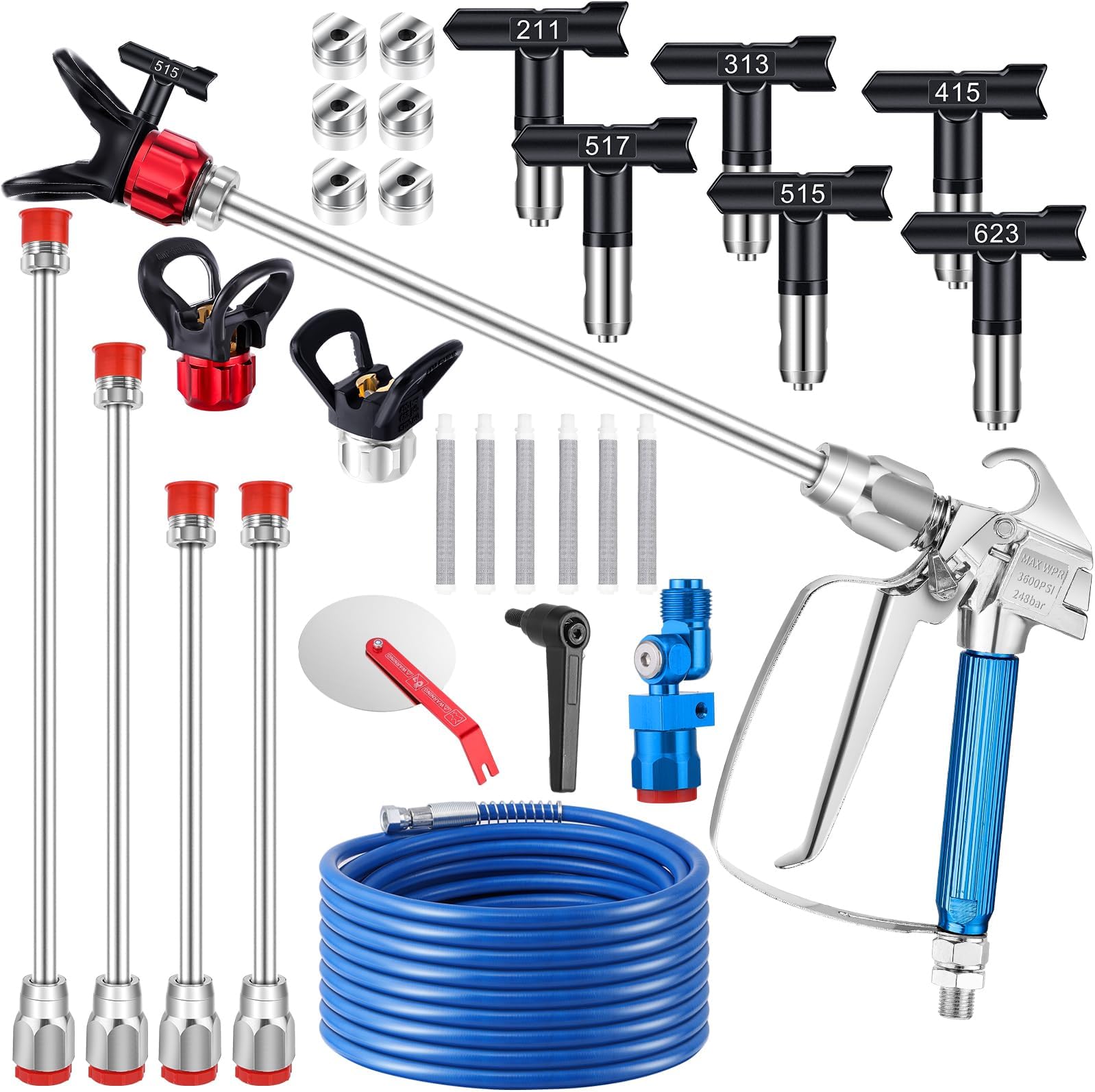 22Pcs Airless Paint Sprayer Gun Kit, 3600PSI Spray Gun with 50Ft x 1/4“ NPT Airless Paint Sprayer Hose & 6Pcs Reversible Spray Tips & Guide Tool & 4Pcs Extension Wand & 6Pcs Filters