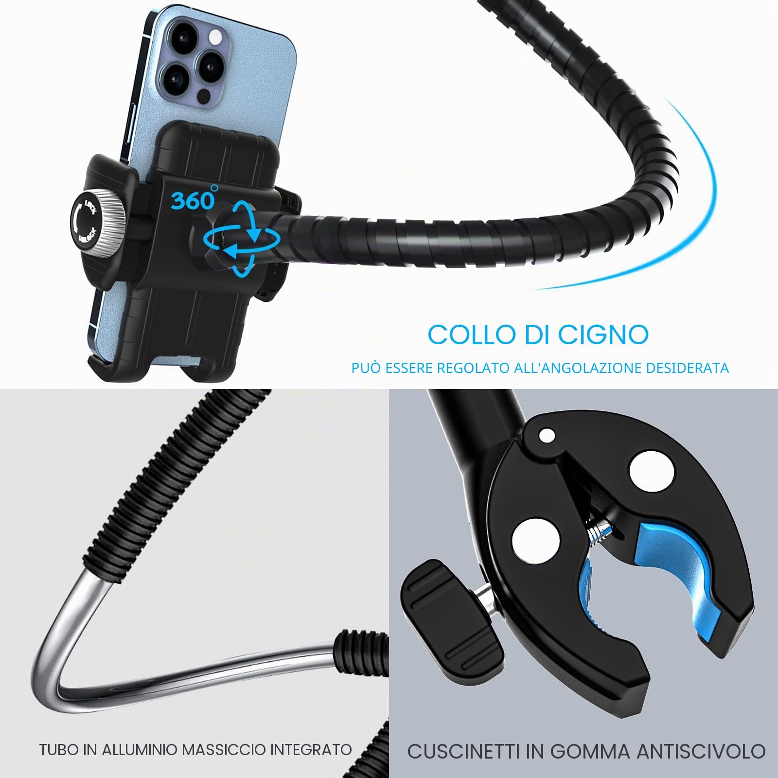 Supporto Cellulare per Passeggino/Bici/Sedia a Rotelle/Barca/Carrello Portaspesa, Flessibile Porta Telefono Manubrio Asta Barra Tubo per iPhone 16 15 Pro Max, Galaxy S24, Phone da 4-7"