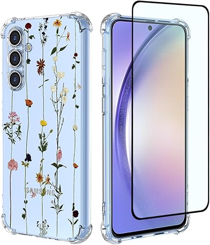 GTBDEKI Funda para Galaxy A54 5G, Samsung A54 5G SM-A546U con protector de pantalla, funda transparente con patrones de jardín de flores, funda