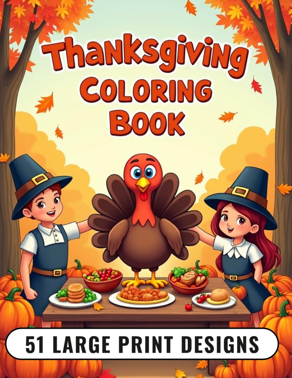 Thanksgiving Coloring Book for Kids: 51 Large Print Designs: Fun Fall Coloring Pages with Turkeys, Pumpkins, Pilgrims, Squirrels, Harvest Scenes and More for Kids Ages 4-10