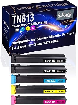 5-Pack 2BK+C+Y+M Compatible Bizhub C552ds C652DS Laser Printer Toner Cartridge High Capacity Replacement for Konica Minolta TN613 TN-613K TN-613C TN-613Y TN-613M Printer Toner Cartridge