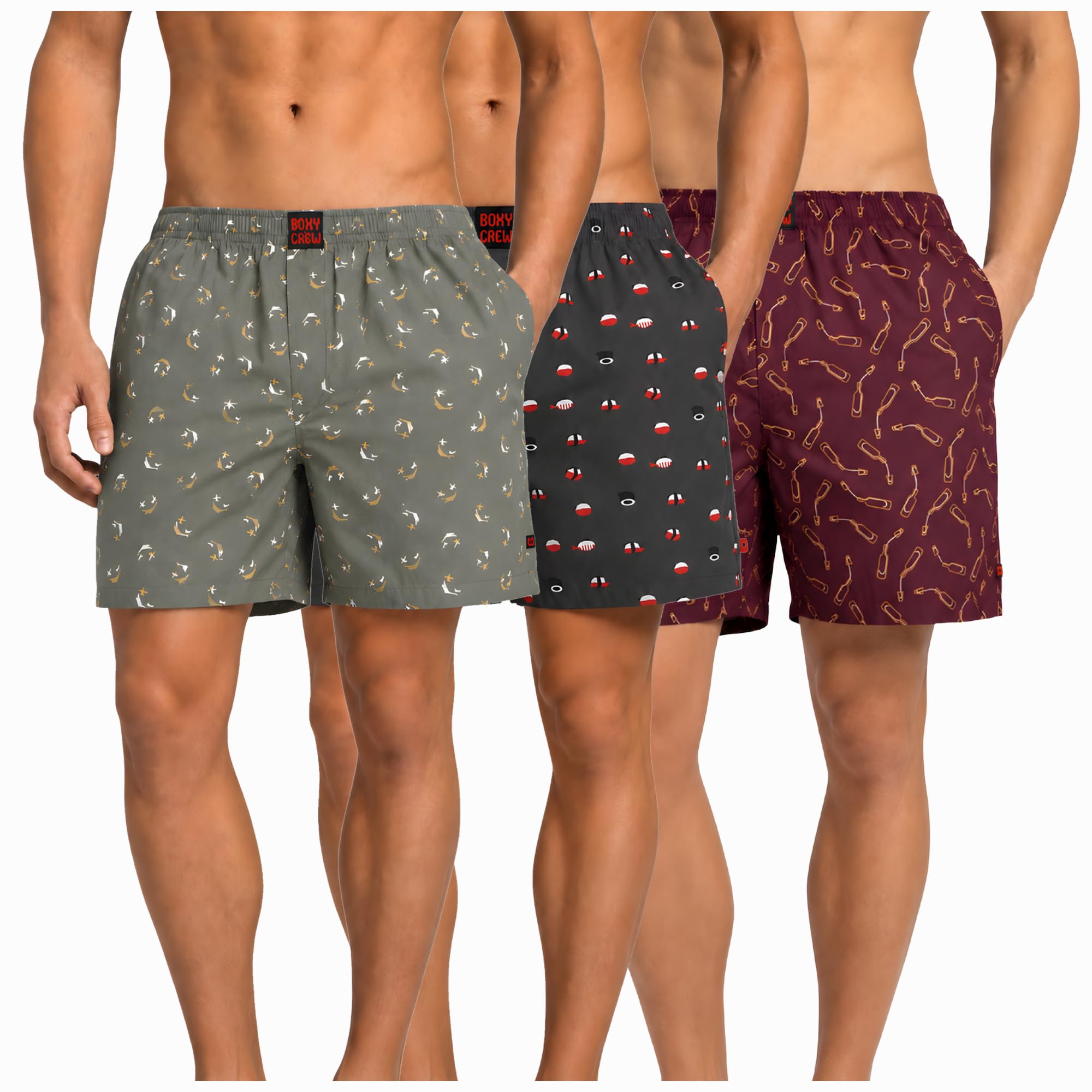 Men's 100% Cotton Boxer Shorts Pack of 3, Green, Charcoal & Maroon | Woven Boxers with Side Pockets, No-Marks Elastic Waistband, Breathable Relaxed Fit | Style 008-012-014-image-31