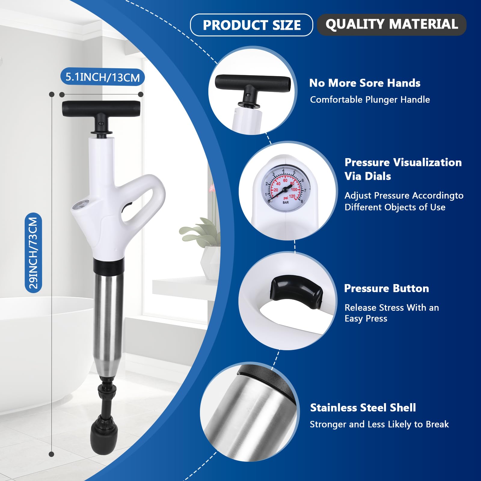 Vienki Toilet Plunger, High Pressure Toilet Plunger – Air Drain Unclogger Blaster with Visual Barometer, Heavy Duty Plungers for Bathroom Toilet, Floor, Kitchen Sink & Plumbing Clogs, Stainless Steel - 4