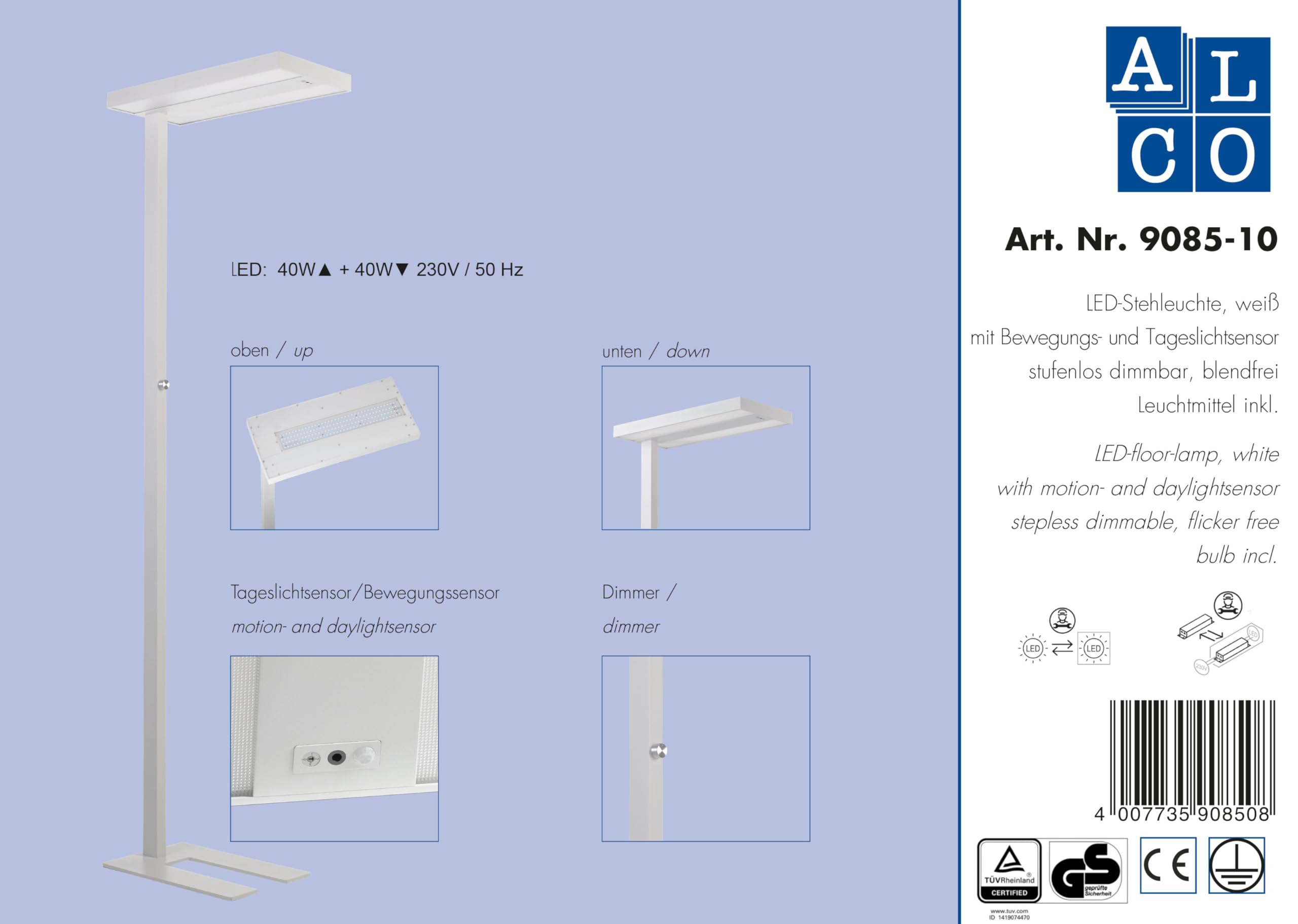 Alco-Albert - LED Stehlampe dimmbar 195 cm | Tageslichtlampe mit Bewegungs- und Tageslichtsensor, für Büro, Wohnzimmer, Schlafzimmer und Leseecke