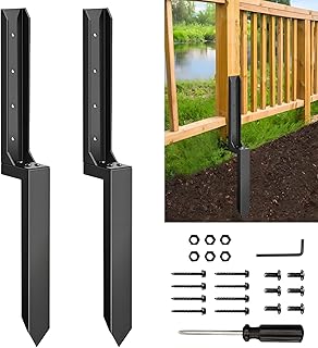 Fence Post Repair Kit - Heavy Duty & Easy to Install,Thickened Steel Anchor, Sturdy Metal Brackets & Hardware, Double Ground Spike with Black Powder-Coated for Tilted/Broken Wood Fence Posts (4)