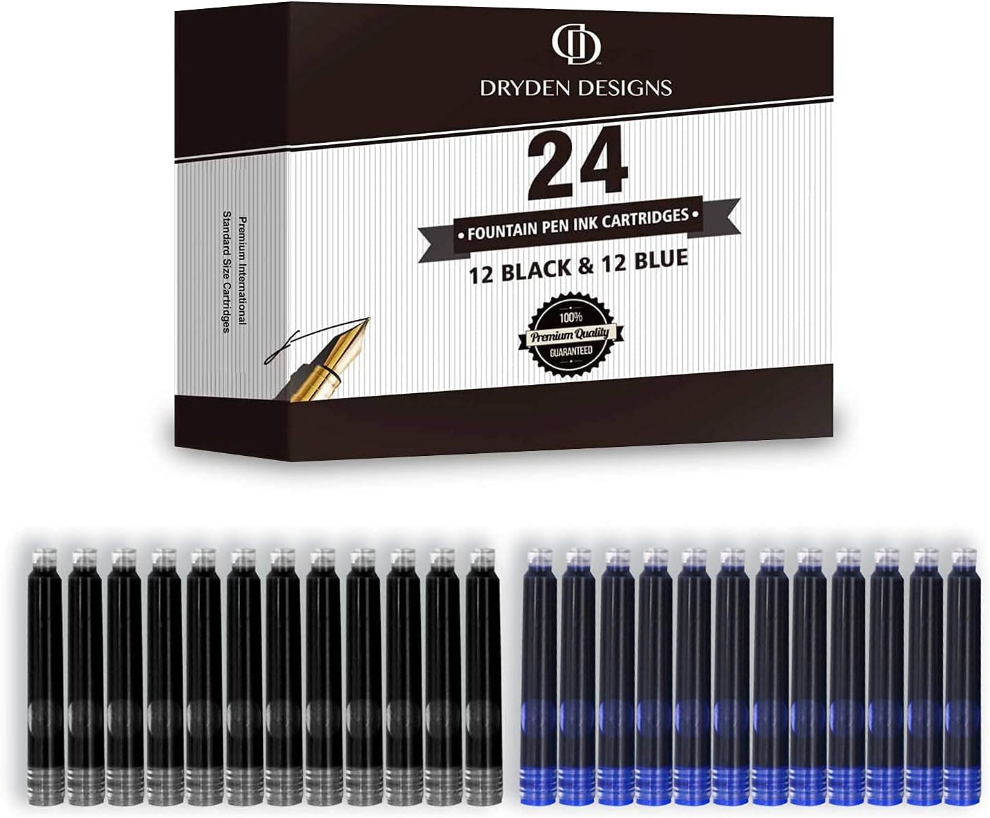 Fountain Pen Ink Cartridges - Set of 24 Assorted Colors: Black, Blue, Green, Purple, Red, Pink - Short International Standard Size - Disposable and Generic Ink Refill Cartridges.