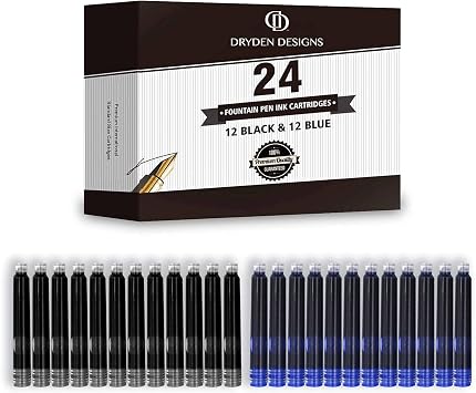 Dryden Designs Fountain Pen Ink Cartridges - Set of 24 Assorted Colors Black, Blue, Green, Purple, Red, Pink - Short International Standard Size - Disposable and Generic Ink Refill Cartridges.