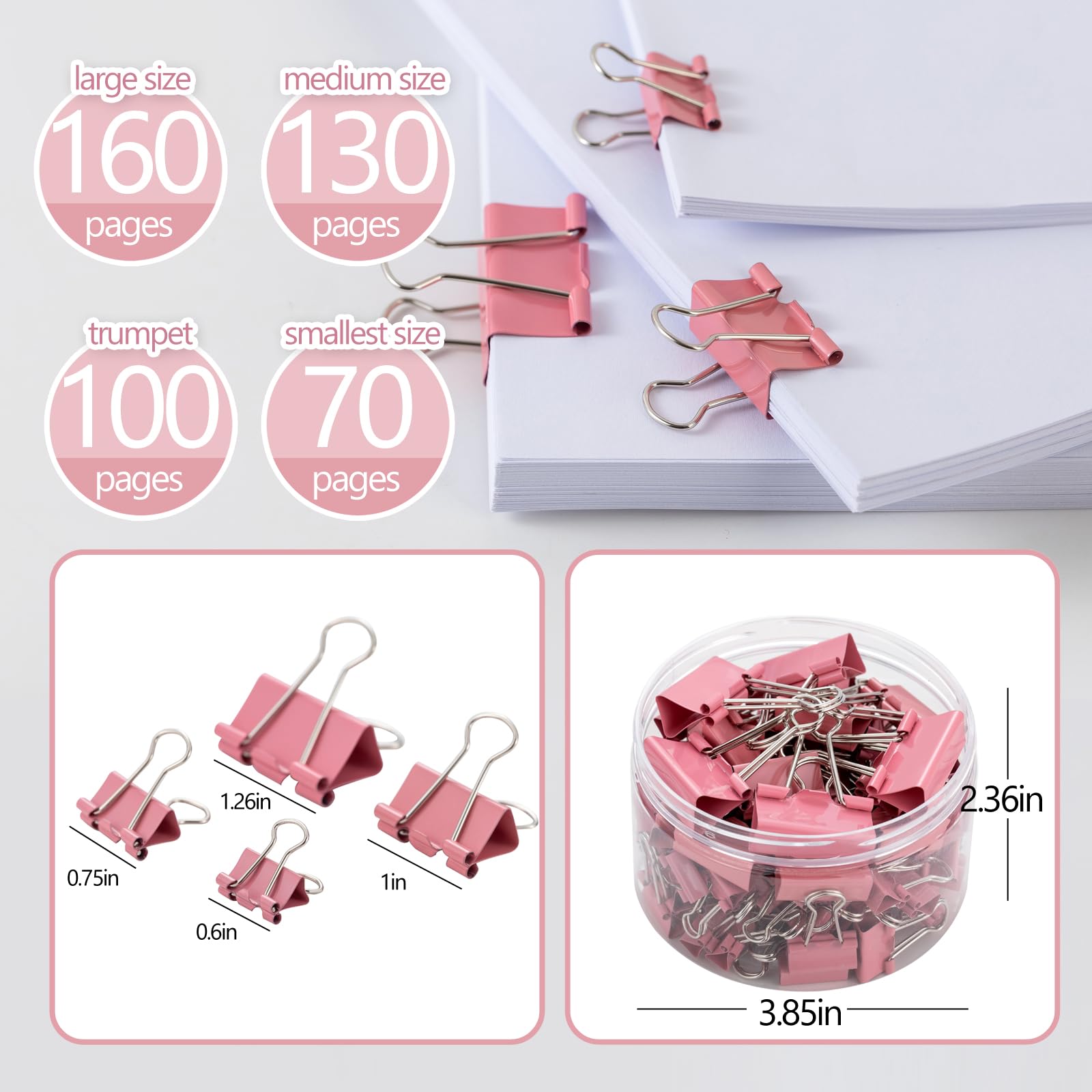 Büroklammern, verschiedene Größen (Mini, klein, mittel, groß), 100 Stück Clips für Büro, Schulbedarf (Rosa)