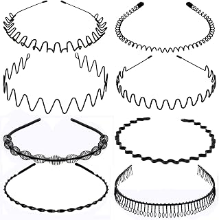 Oaoleer 8Pcs Metal Headband Hair Hoop Band for Men Women, Casulo Non-Slip Black Spring Unisex Wavy Headwear Hairband Accessories for Sports, Outdoor, Yoga