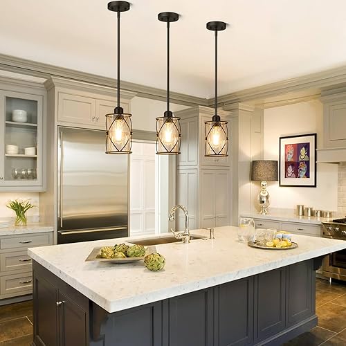 Miniatura 5 de CH9176BK-3PK - Luces colgantes de cristal para isla de cocina, paquete de 3, iluminación colgante de cocina negra sobre la isla con varilla, moderna