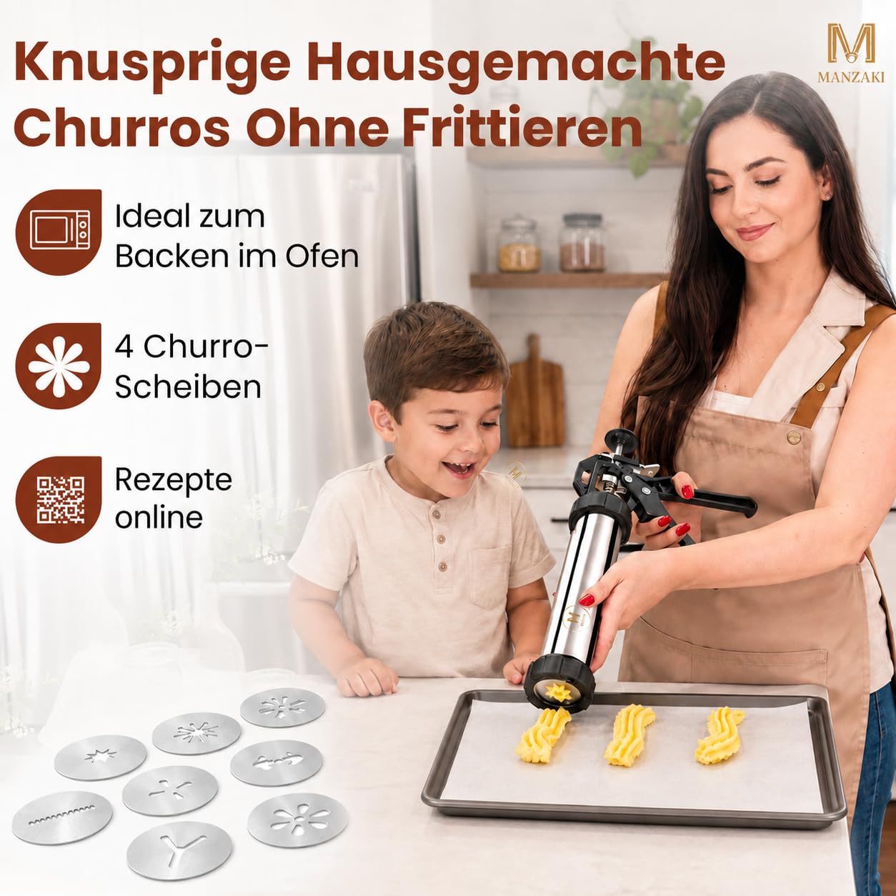 Churrera professionale in acciaio inox 304 senza BPA certificato UE - Kit per churros, manganelli e biscotti con sac pasticcere, 41 cm, 12 dischi, 7 ugelli e ricettario QR