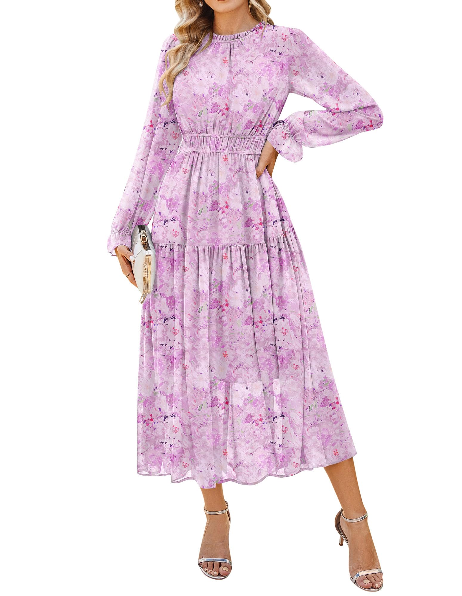 GRACE KARIN Kleid Damen Sommer Langarm A Linien Blumen Chiffon Maxikleid | Hochzeitsgast Kleid Elegante Rundhals Ausschnitt Festlich Party Cocktail Abendkleid Lang