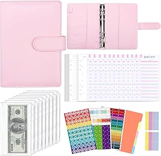 JUNART A6 Budget-Ordner mit Geldumschlägen, Geldsparbuch, Budget-Brieftasche mit Bargeldbinder-Tasche, Budgetplaner, Aufkleber, Budgetbuch für Teenager, Studenten, Erwachsene (Rosa)