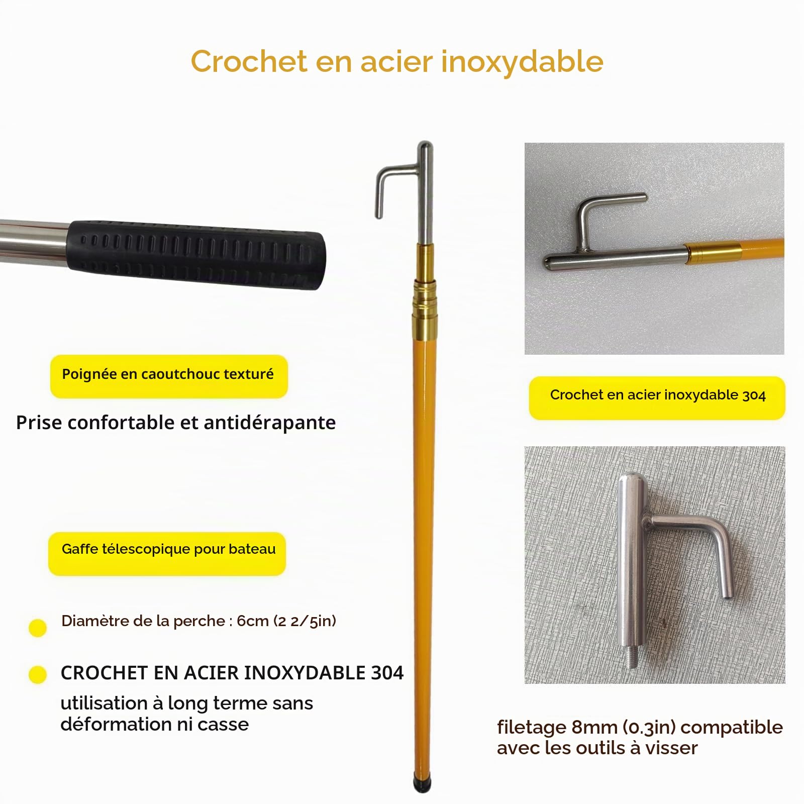 Gaffe Télescopique (4, 5, 6, 8 M), Crochet D'amarrage en Acier Inoxydable, Ouverture De 4,5 Cm, Pliable Et Facile À Ranger, pour Sauvetage, Poussée, Traction Et Navigation,L 6m (19' 7inch)