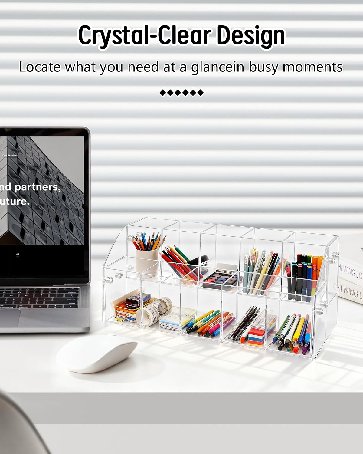 Multi-Compartment Clear Acrylic Pen Holder for Desk | Slanted Desktop Pencil Organizer & Marker Storage Case | Premium Hardware Stationary Cup for Home & Office (2 Tier) image 4