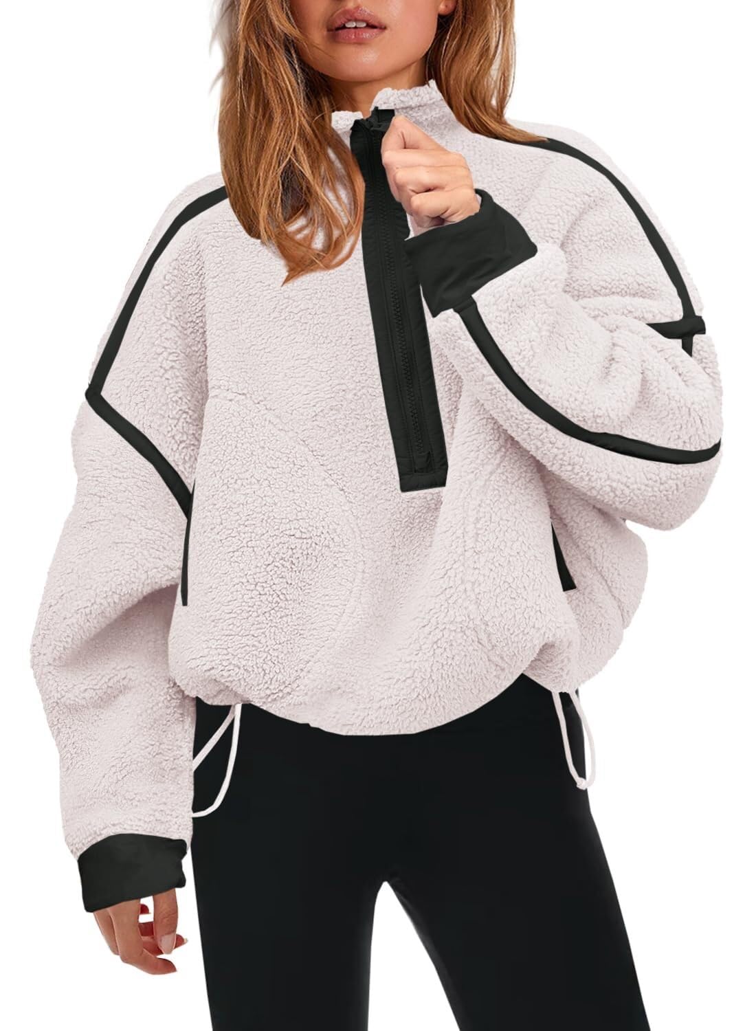 Barley Direct Womens Half Zip Sherpa Fleece Pullover Soft Oversized Sweatshirt with Pockets Warm Fuzzy Sweater(Beige_Medium)