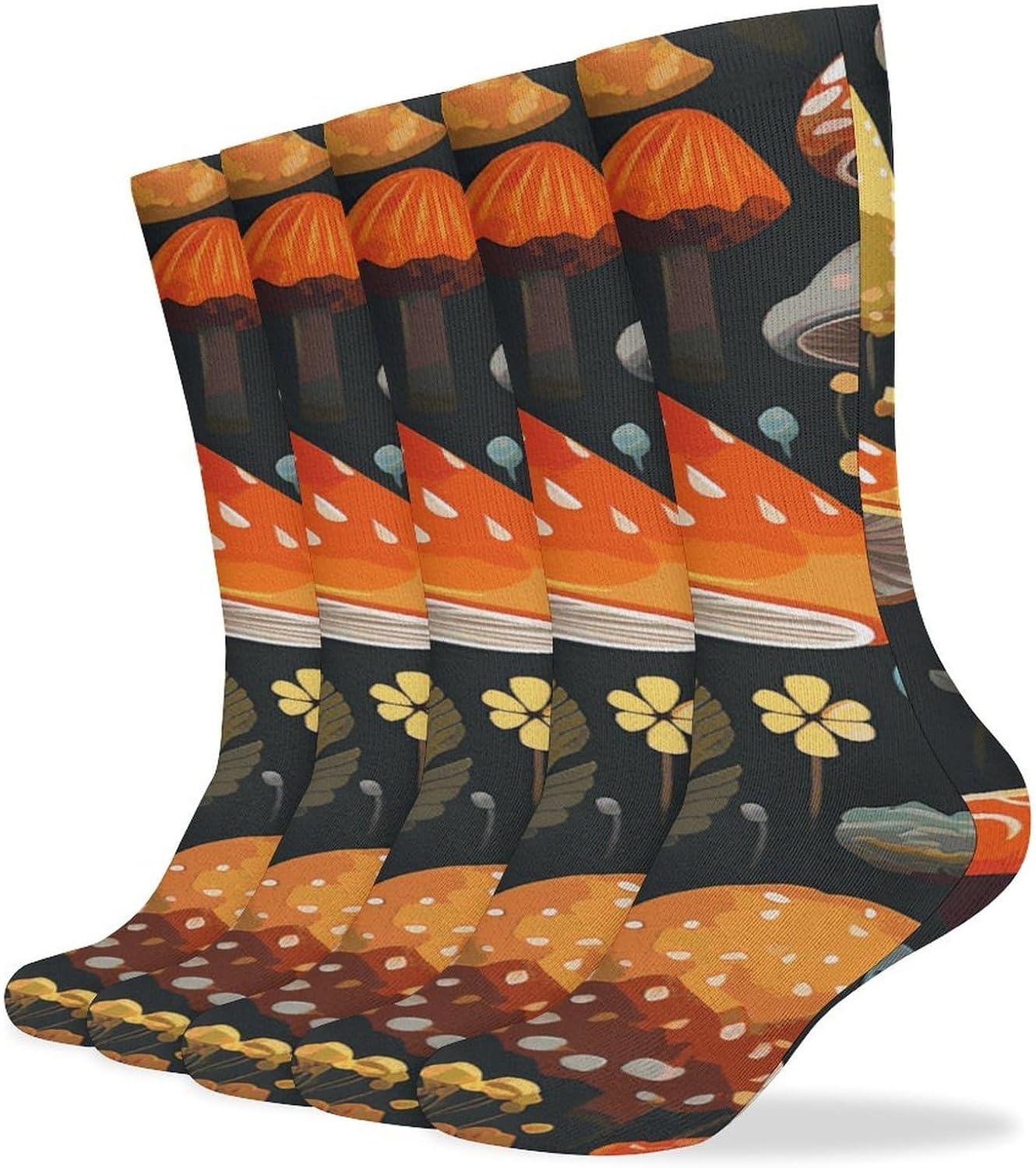 5-Pack Knee High Socks, 15.7 Inch Breathable Casual Socks Colorful Mushroom Stockings for Men Women